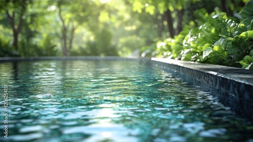 Tranquil swimming pool reflecting sunlight in a serene garden setting during ...