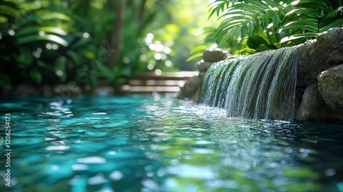 Serene waterfall flowing into a tranquil pool surrounded by lush greenery in ...