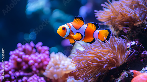 Fototapeta Naklejka Na Ścianę i Meble -  Clownfish swimming near vibrant coral reef in clear underwater aquarium environment with colorful anemones. Vibrant Reef. Illustration