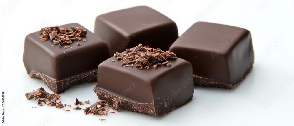 Dark chocolate squares with rich flavor and elegant shavings displayed on a clean surface Dark chocolate squares with rich flavor and elegant shavings displayed on a clean surface