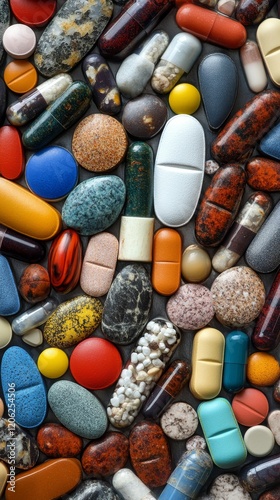 Various pills and tablets arranged in colorful patterns on a flat surface