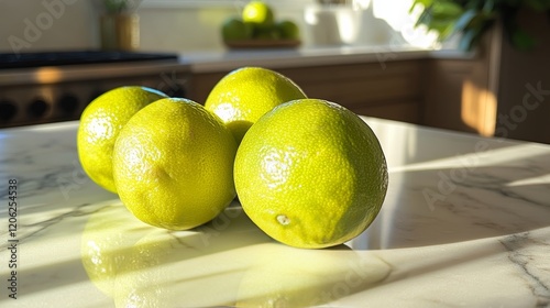 Fresh limes arranged on a marble kitchen countertop with sunlight illuminatin...