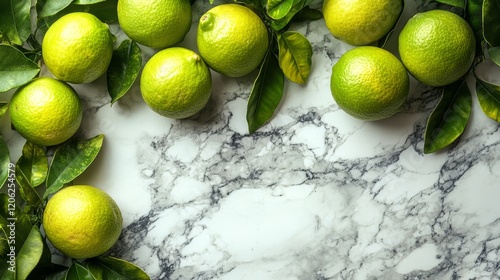 Fresh limes arranged on a marble kitchen countertop with sunlight illuminatin...