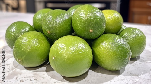 Fresh limes arranged on a marble kitchen countertop with sunlight illuminatin...