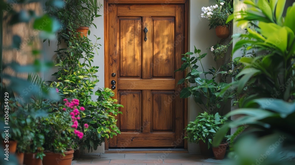 Fototapeta premium A wooden front door surrounded by an abundance of lush potted plants, creating a welcoming and serene entrance with natural beauty and a touch of charm.