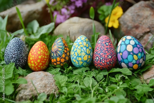 Colorful Easter eggs arranged in grass among greenery and clovers during spri...