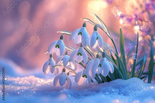 Snowdrop flowers bloom in early spring under soft sunlight in a tranquil gard...
