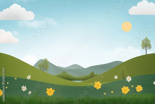 A beautiful, serene landscape with a large field of flowers and a small pond. The sky is blue with a few clouds, and the sun is shining brightly. Scene is peaceful and calming