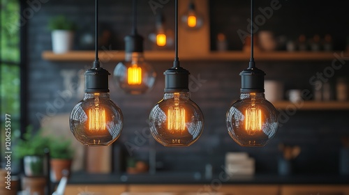 Warm light bulbs illuminate a modern kitchen with stylish decor and plants du...