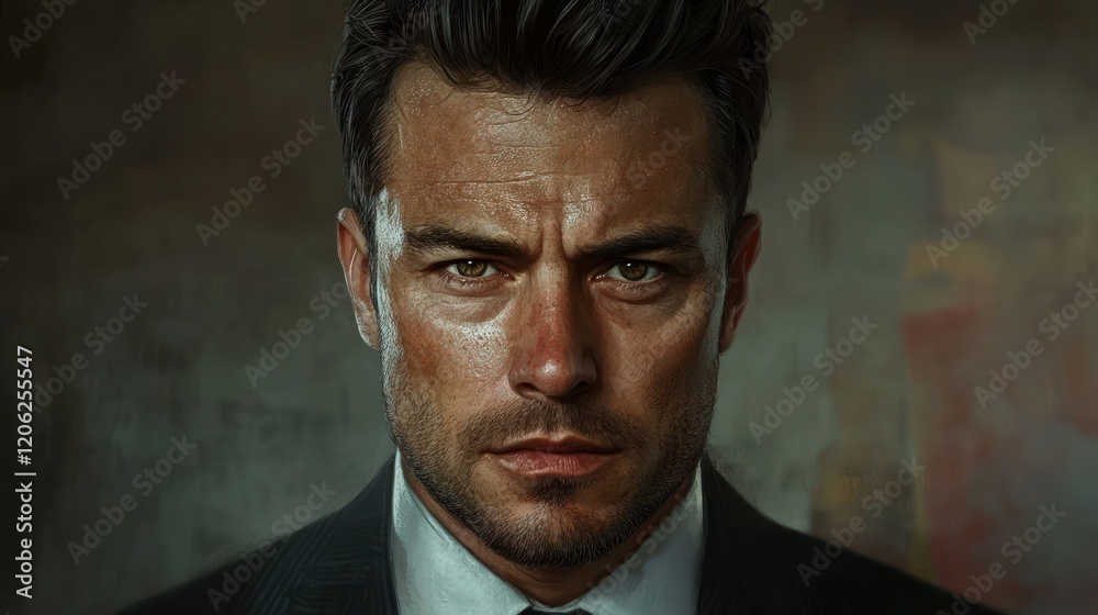 Intense close-up of a Caucasian male in a suit, showcasing determination and confidence. Intense close-up of a Caucasian male in a suit, showcasing determination and confidence.