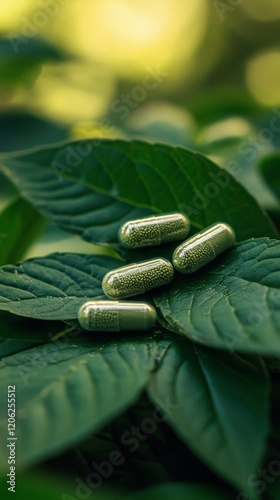 Green capsules placed on fresh leaves in a natural setting