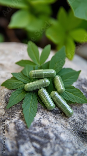 Green capsules placed on fresh leaves in a natural setting