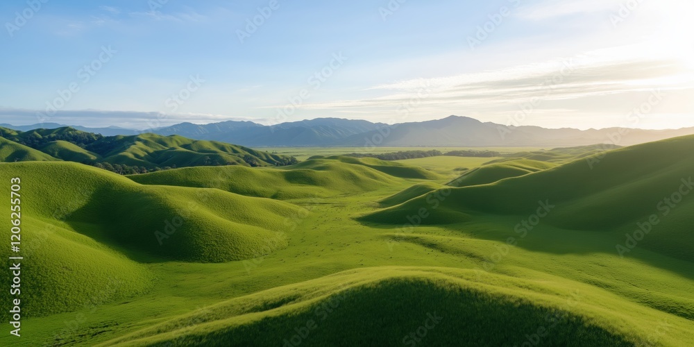 Obraz premium A vast, green field with a clear blue sky above. The field is dotted with hills and mountains in the background. The scene is peaceful and serene, with the sun shining brightly on the grass