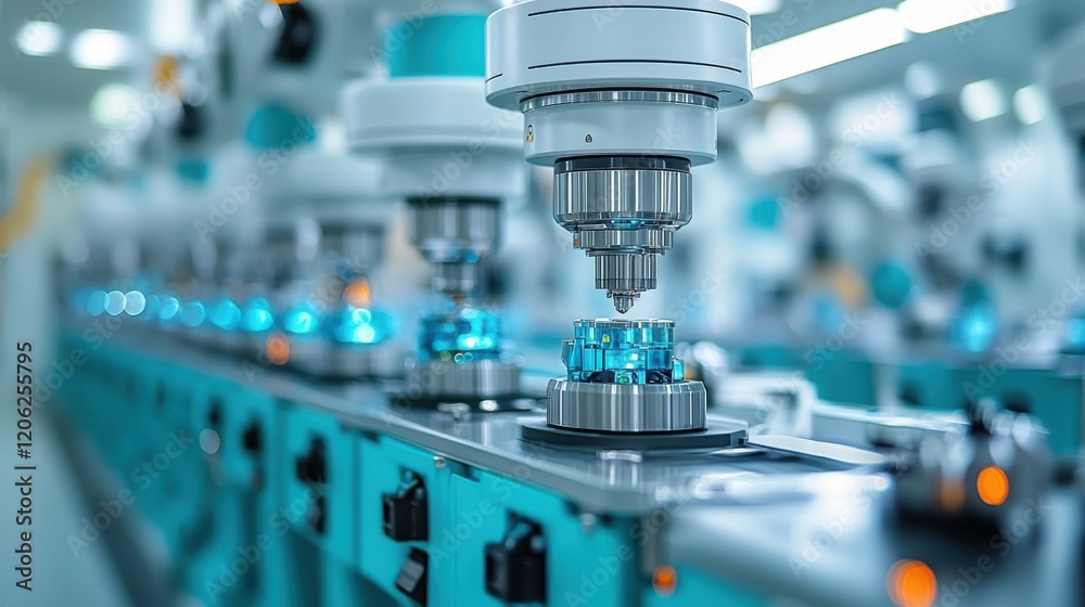 Advanced robotic machinery assembling precision components in a high-tech manufacturing facility Advanced robotic machinery assembling precision components in a high-tech manufacturing facility