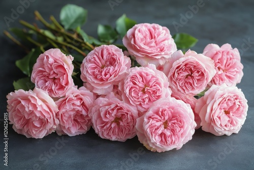 Beautiful pink roses arranged gracefully with lush green leaves on a white ba...