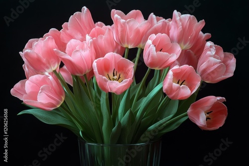 Bouquet of pink tulips arranged in a glass vase on a dark background