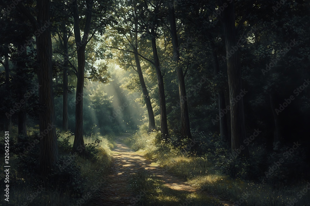 Fototapeta premium Sunlight filters through trees in a serene forest pathway.