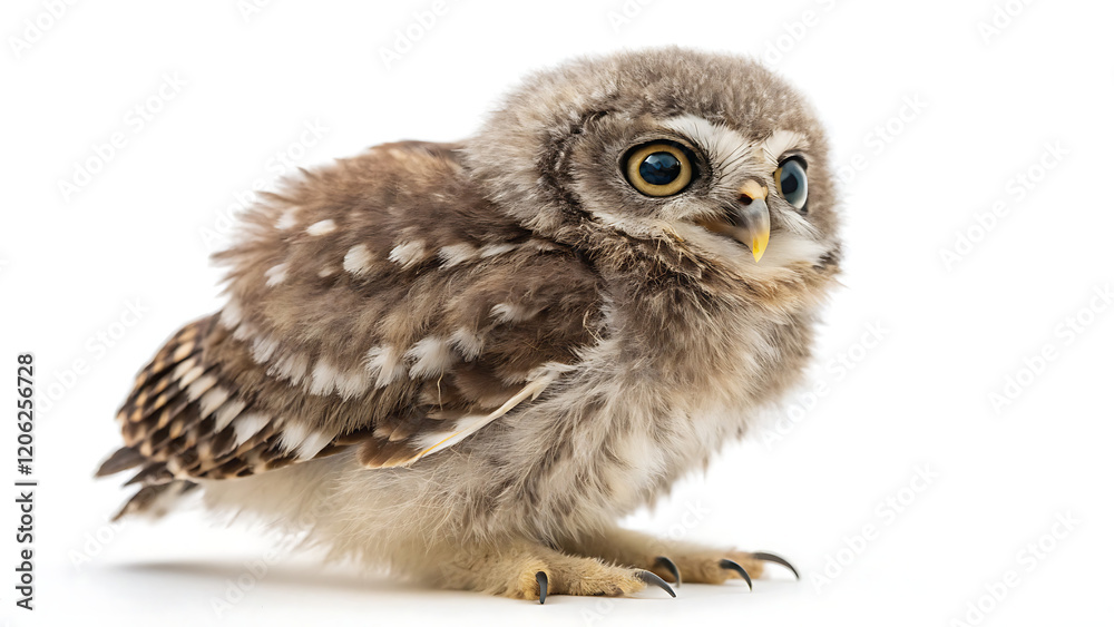 Obraz premium Fluffy Baby Owl (Owlet) Nesting in a Tree Hollow, with Big Eyes and Soft Feathers Isolated on White or Transparent Background