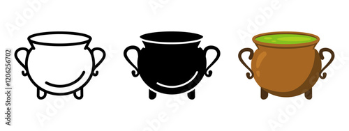 Cauldron icon. Cooking pot symbol. Magic cauldron vector illustration. Halloween witchcraft pot sign. Wizard or sorcerer wicked boiler art. Black poison potion silhouette. Halloween cauldron concept.