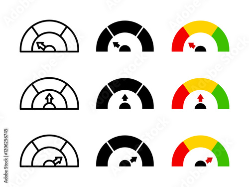 High power level indicator icon set. High performance diagram. Highest speed infographic vector illustration. Measuring gauge chart symbol. High risk dial dashboard sign. Progress bar arrow icon.