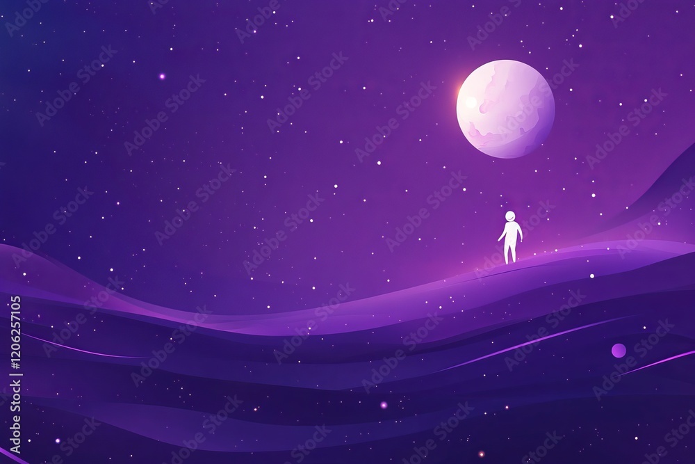 Moon and hovering astronaut in spacesuit on purple background Moon and hovering astronaut in spacesuit on purple background