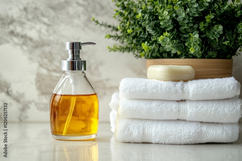 bottle of liquid soap, folded white towels and green plant in a pot, light marble background bottle of liquid soap, folded white towels and green plant in a pot, light marble background