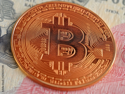 Closeup of a coppercolored Bitcoin resting on a paper bill, highlighting the intricate details of the cryptocurrency.  Perfect for illustrating articles on finance, technology, or digital currency. photo