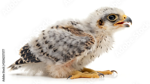 Tiny Baby Falcon (Eyas) Perched on a Branch, with Delicate Feathers and Curious Eyes Isolated on White or Transparent Background photo