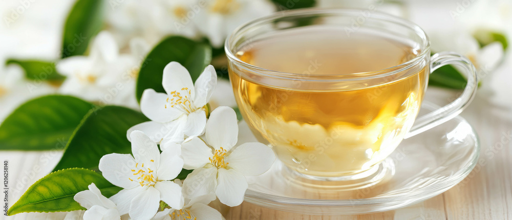 Refreshing jasmine tea in a delicate cup with aromatic flowers for a calming afternoon break Refreshing jasmine tea in a delicate cup with aromatic flowers for a calming afternoon break
