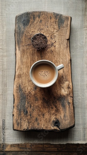 Crafted wooden serving board with a cup of coffee and decorative element on a...