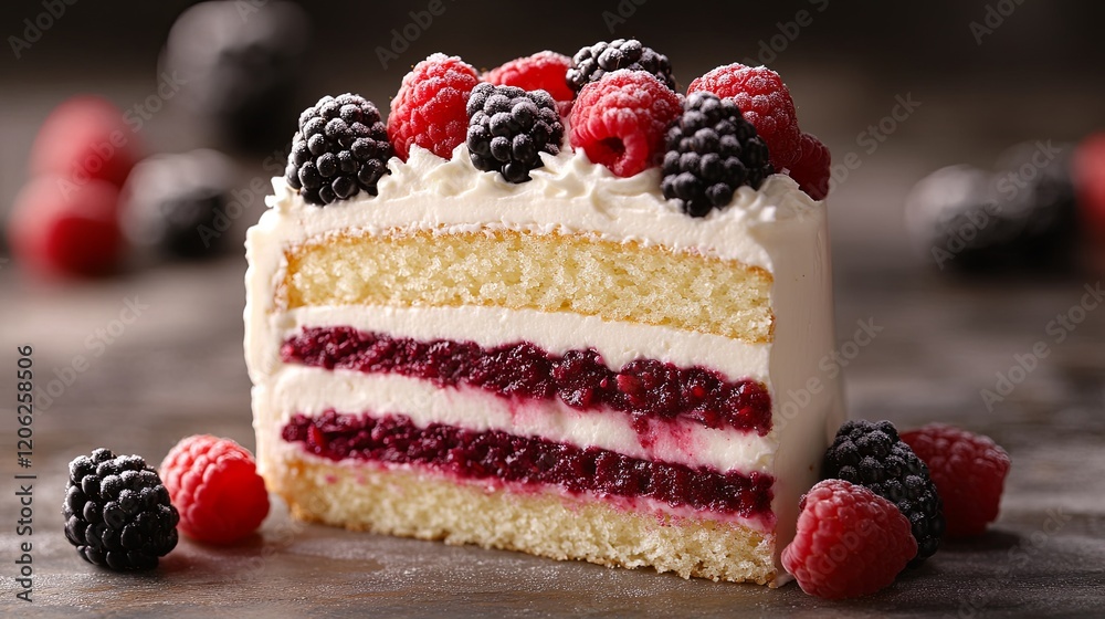 A delicious slice of cake with layers of cream and berry filling, topped with fresh raspberries and blackberries, creating an irresistible dessert display. A delicious slice of cake with layers of cream and berry filling, topped with fresh raspberries and blackberries, creating an irresistible dessert display.