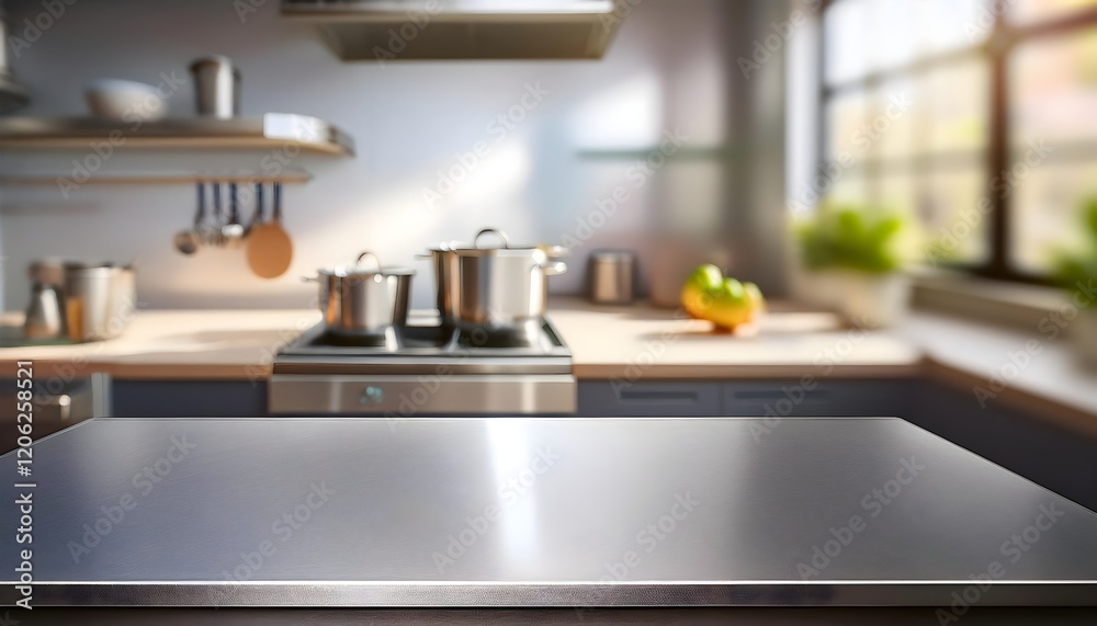 Steel kitchen countertop surface with blurred empty professional kitchen background for displaying products Steel kitchen countertop surface with blurred empty professional kitchen background for displaying products