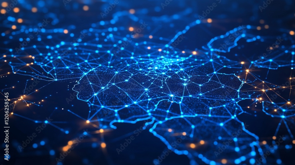 Obraz premium A complex digital network depicted with glowing blue lights, symbolizing connectivity and technology, intertwined with various abstract elements and vibrant energy.