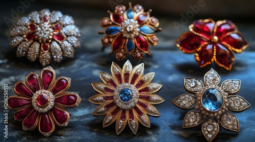 Decorative flower-shaped ornaments in various colors and designs arranged on ...
