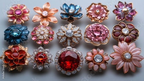 Decorative flower-shaped ornaments in various colors and designs arranged on ...