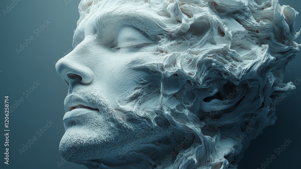 A man's face is made of ice and has a serene expression A man's face is made of ice and has a serene expression