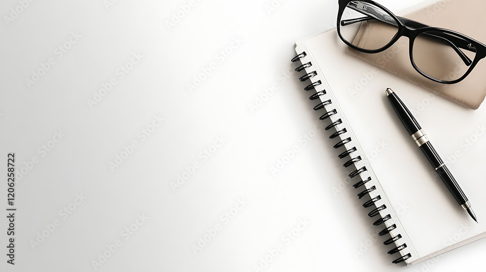 Fototapeta premium Clean, minimalist flatlay featuring a spiral notebook, pen, and eyeglasses on a white background. Perfect for concepts of productivity, planning, education, or business.
