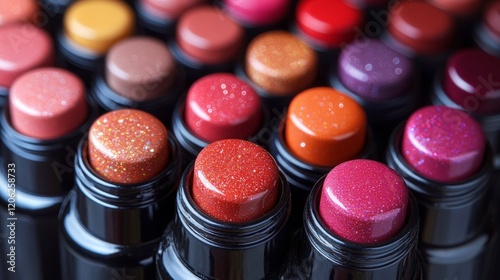 Colorful assortment of lipsticks in various shades displayed in a beauty shop