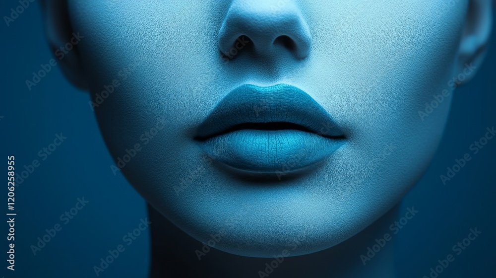A woman's face is shown with a blue background A woman's face is shown with a blue background