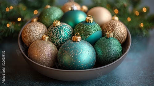 Colorful holiday ornaments arranged in a decorative bowl with green and gold ...