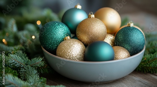 Colorful holiday ornaments arranged in a decorative bowl with green and gold ...