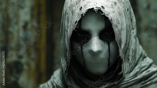 A person with a hooded cape and a mask on their face