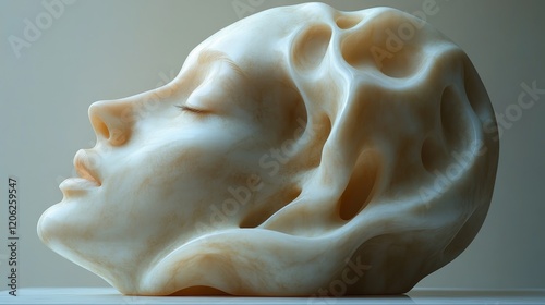 A white sculpture of a face with a hollowed out skull