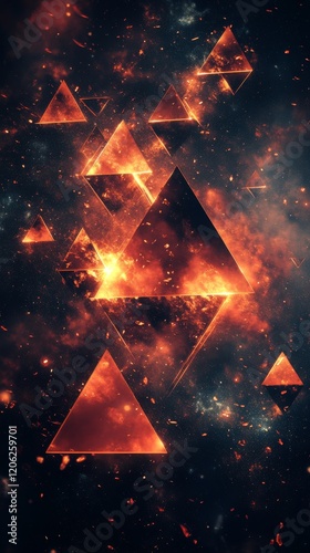 Floating orange triangles in cosmic space with stars and galaxy background