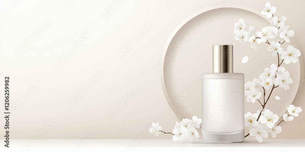 Elegant perfume bottle displayed with delicate cherry blossom flowers on a soft neutral background Elegant perfume bottle displayed with delicate cherry blossom flowers on a soft neutral background