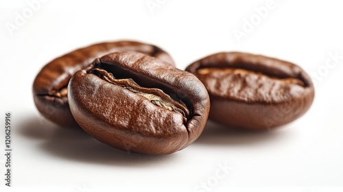 Three glossy roasted coffee beans are shown against a soft background, highlighting their detailed texture and rich coffee aroma, ideal for emphasis on freshness. photo