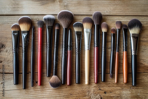 Various makeup brushes arranged neatly on a rustic wooden surface for beauty ...