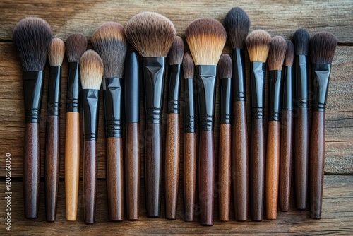 Various makeup brushes arranged neatly on a rustic wooden surface for beauty ...