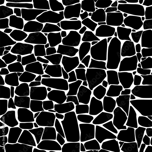 black and white seamless abstract pattern composed of small irregularly shaped stones.  mosaic effect. The texture is rough and uneven, the overall effect is a textured abstract design.