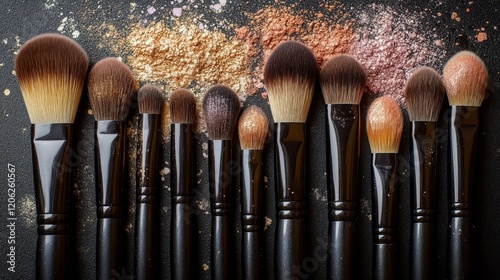 Variety of makeup brushes arranged in a line with colorful powder backdrop on...
